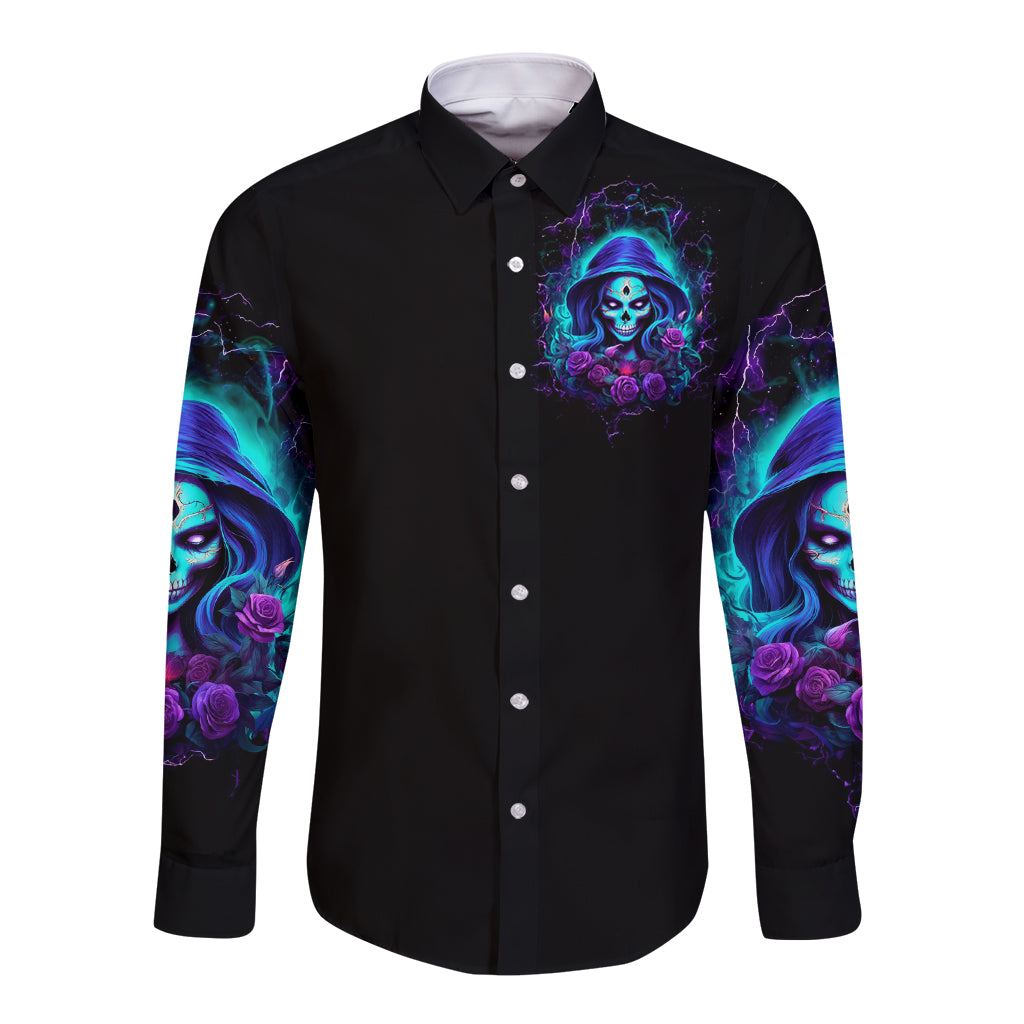 Skull Lady Long Sleeve Button Shirt Rose Skull She Whispered Back Iam The Storm - Wonder Print Shop