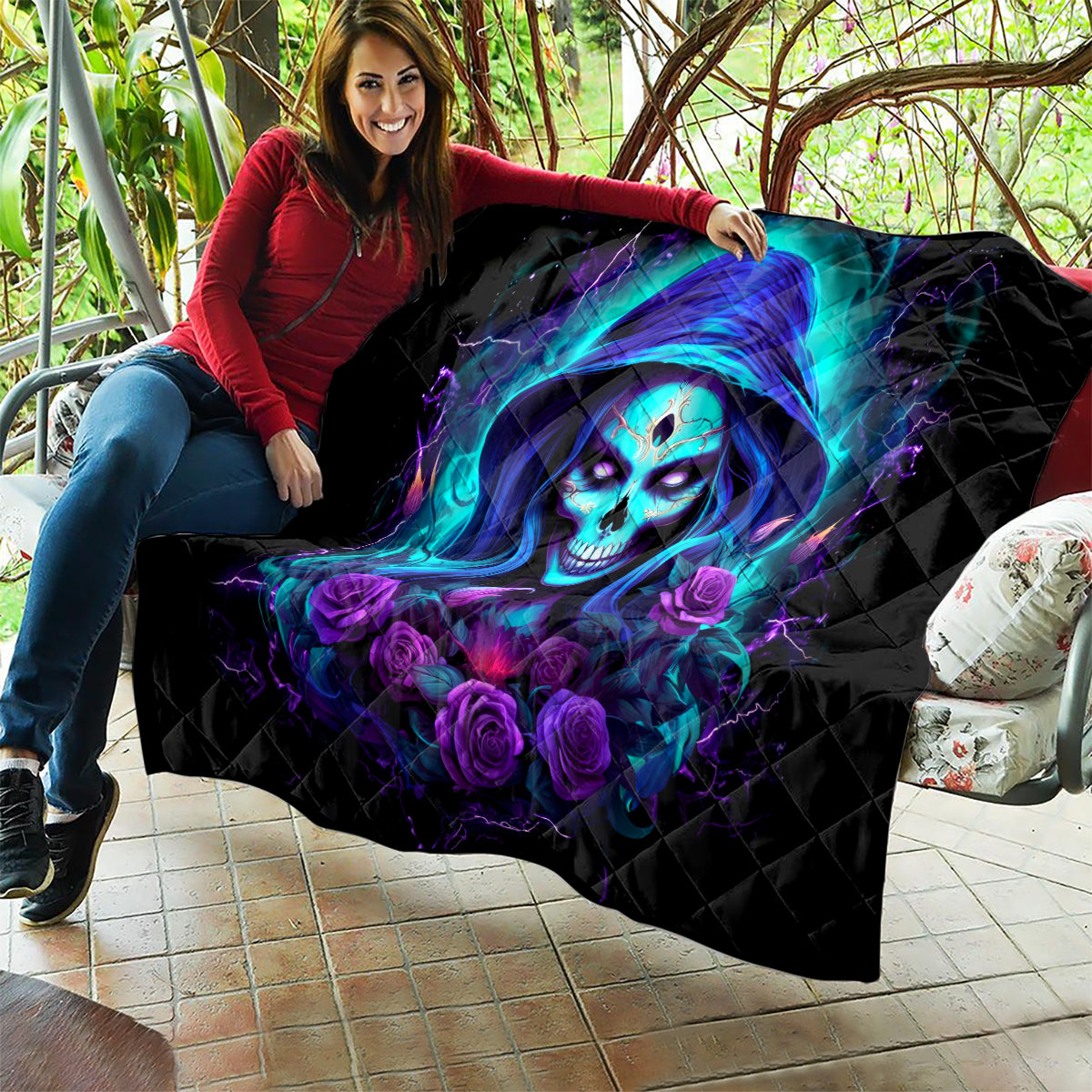 Skull Lady Quilt Rose Skull She Whispered Back Iam The Storm - Wonder Print Shop