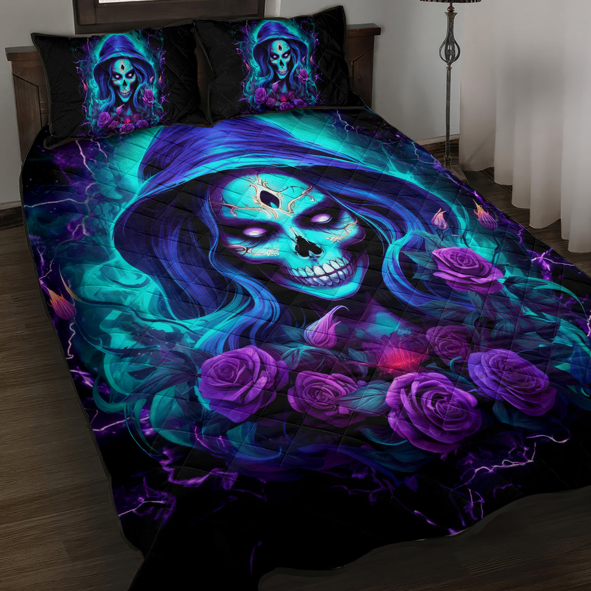 Skull Lady Quilt Bed Set Rose Skull She Whispered Back Iam The Storm - Wonder Print Shop