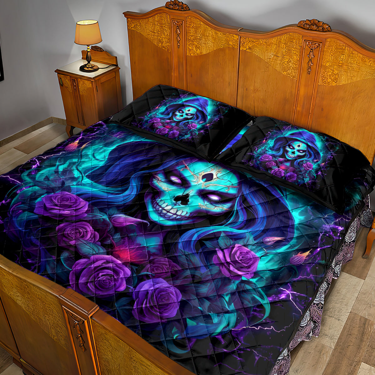 Skull Lady Quilt Bed Set Rose Skull She Whispered Back Iam The Storm - Wonder Print Shop