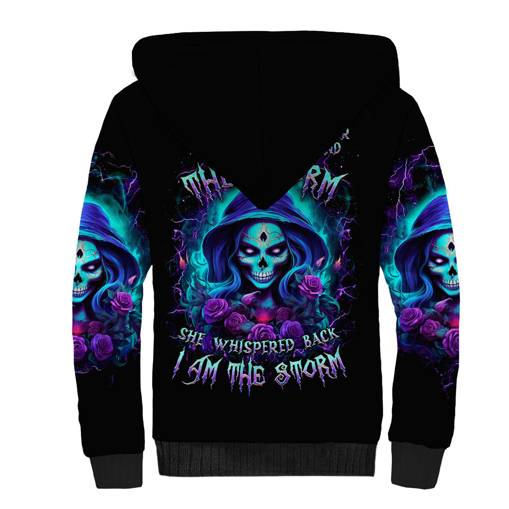 Skull Lady Sherpa Hoodie Rose Skull She Whispered Back Iam The Storm - Wonder Print Shop