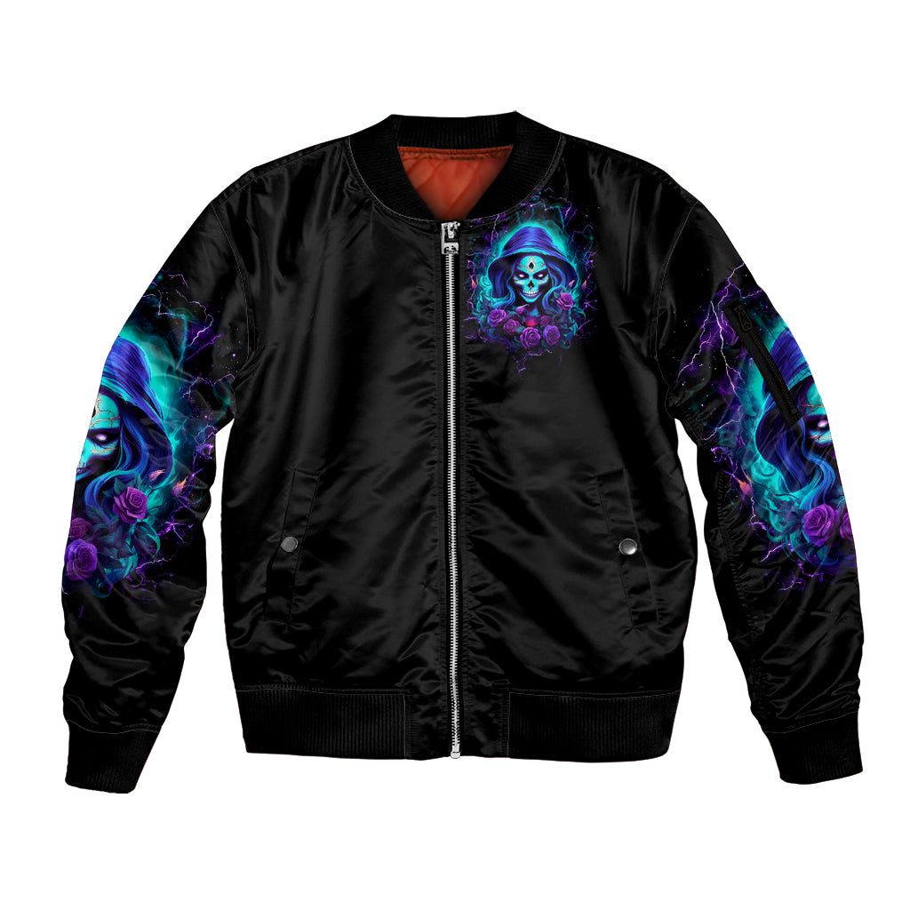 Skull Lady Sleeve Zip Bomber Jacket Rose Skull She Whispered Back Iam The Storm - Wonder Print Shop