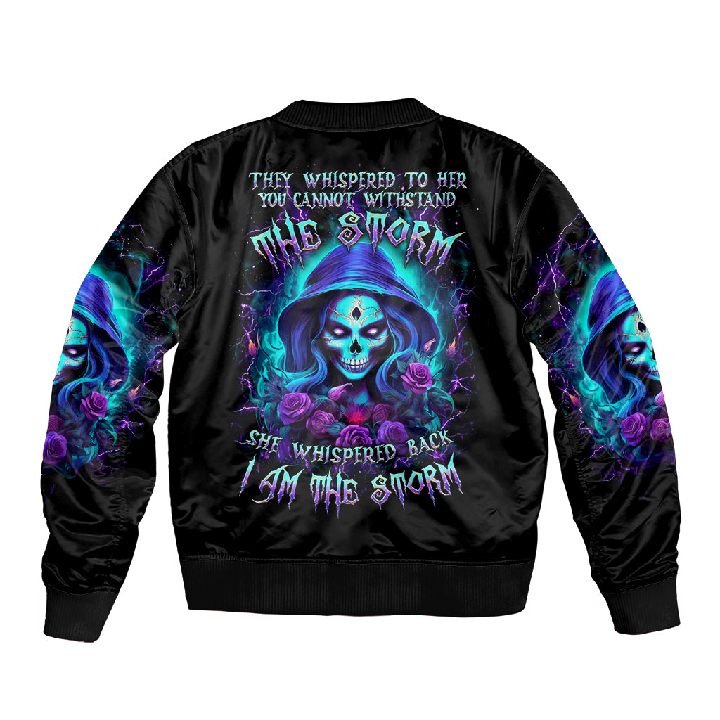 Skull Lady Sleeve Zip Bomber Jacket Rose Skull She Whispered Back Iam The Storm - Wonder Print Shop