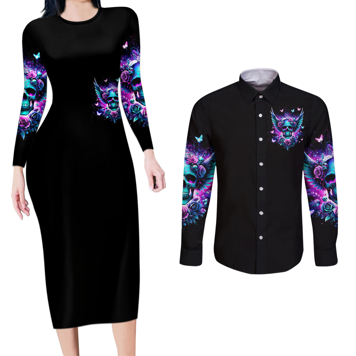 Skull Wings Couples Matching Long Sleeve Bodycon Dress and Long Sleeve Button Shirt So The Bitch In Me Came Out To Play - Wonder Print Shop