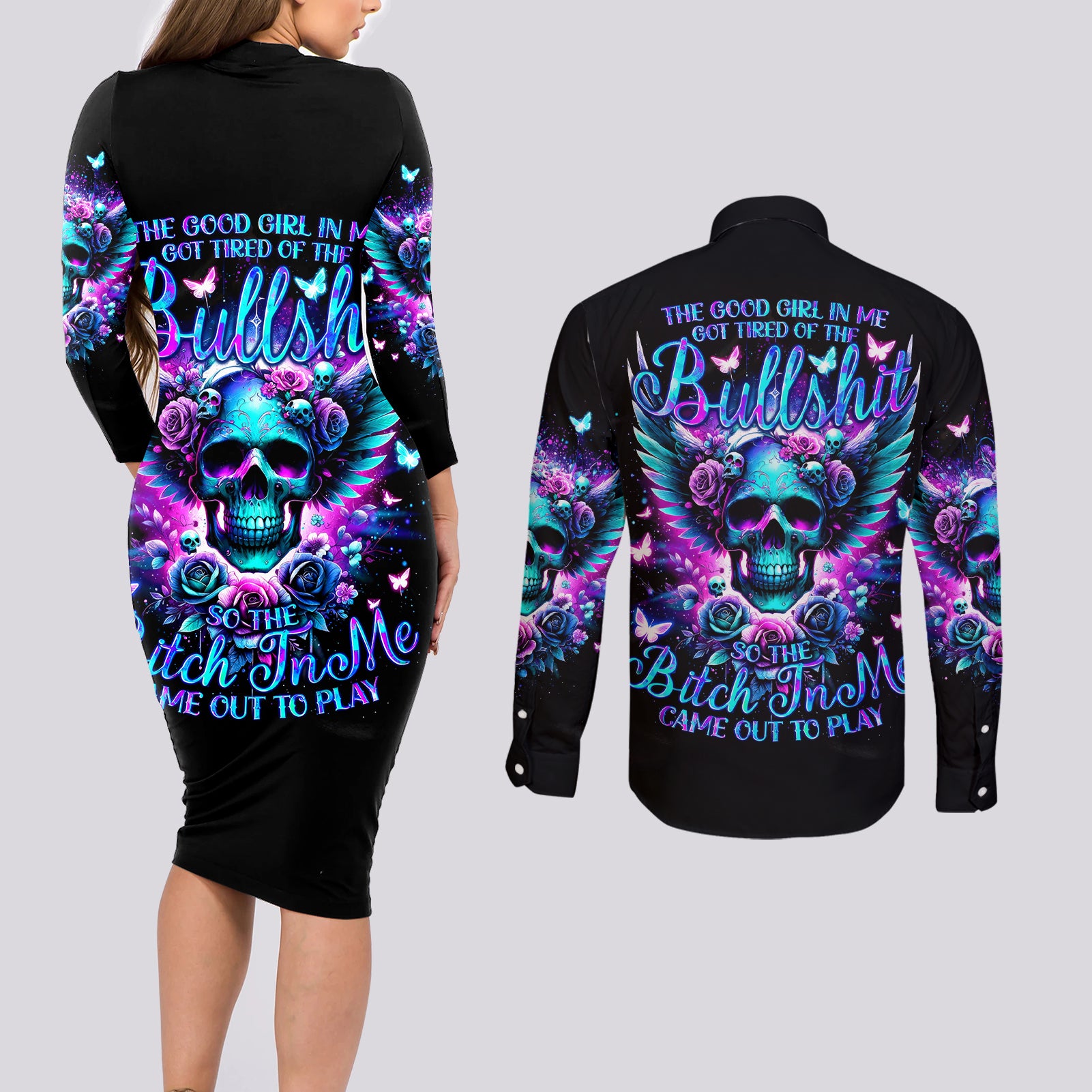 Skull Wings Couples Matching Long Sleeve Bodycon Dress and Long Sleeve Button Shirt So The Bitch In Me Came Out To Play - Wonder Print Shop