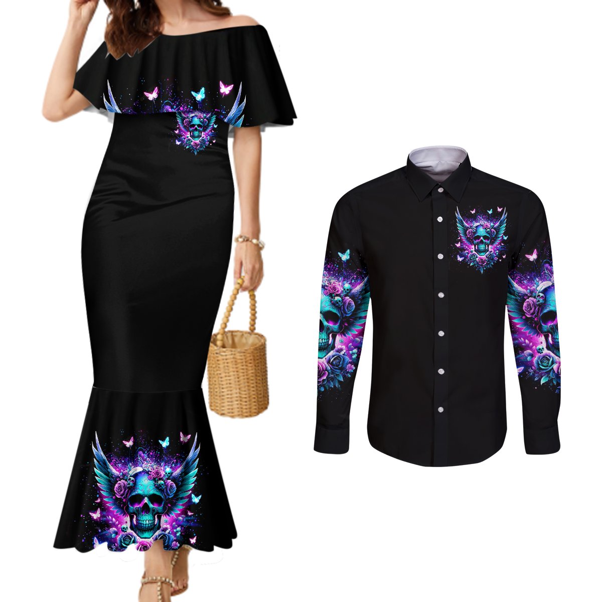 Skull Wings Couples Matching Mermaid Dress and Long Sleeve Button Shirt So The Bitch In Me Came Out To Play