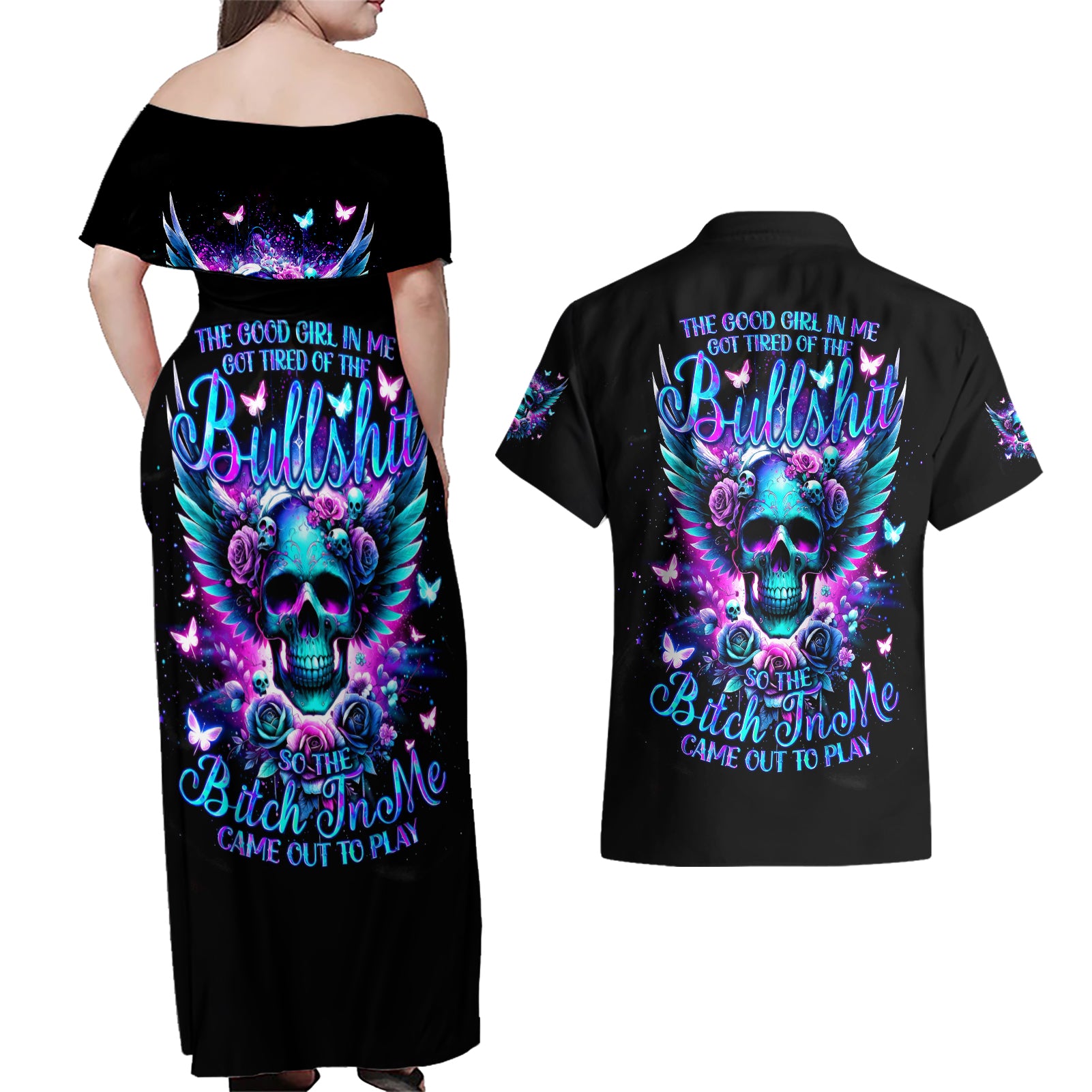Skull Wings Couples Matching Off Shoulder Maxi Dress and Hawaiian Shirt So The Bitch In Me Came Out To Play - Wonder Print Shop