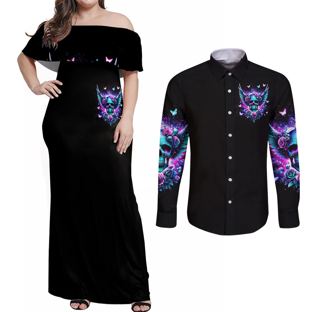 Skull Wings Couples Matching Off Shoulder Maxi Dress and Long Sleeve Button Shirt So The Bitch In Me Came Out To Play - Wonder Print Shop