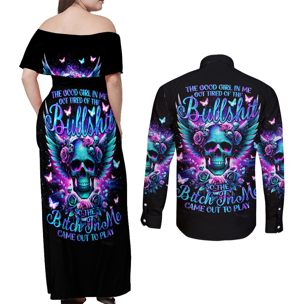 Skull Wings Couples Matching Off Shoulder Maxi Dress and Long Sleeve Button Shirt So The Bitch In Me Came Out To Play - Wonder Print Shop