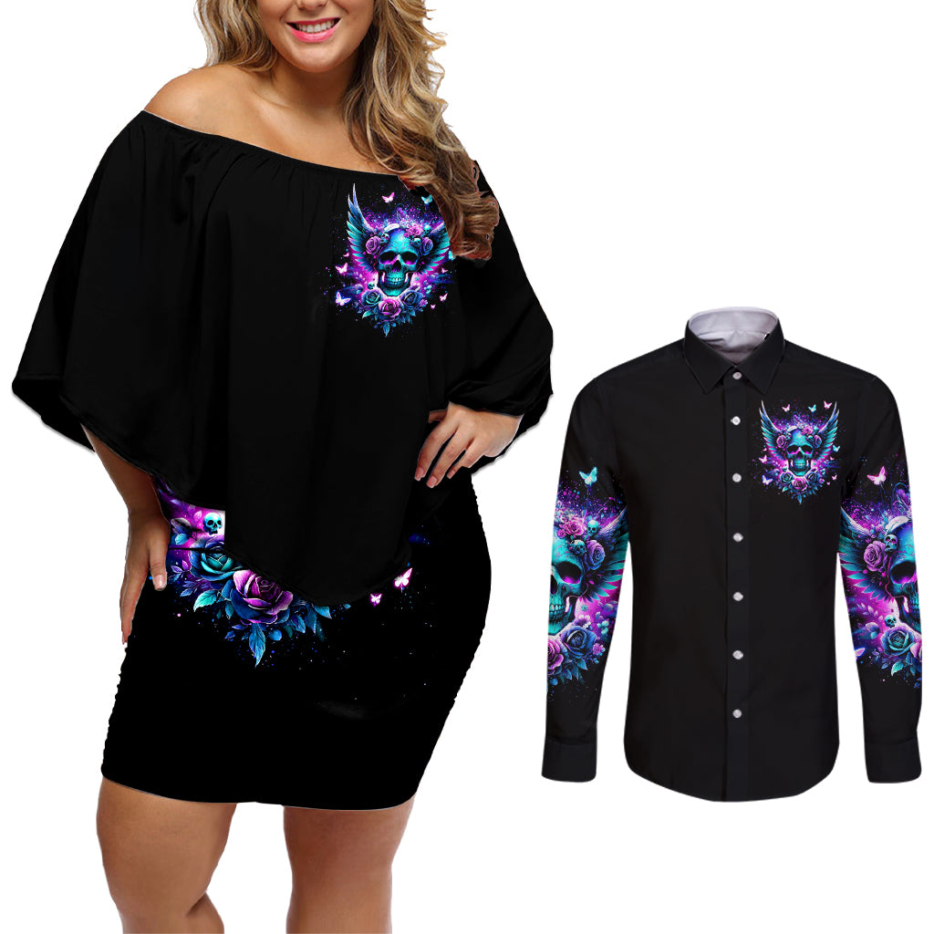 Skull Wings Couples Matching Off Shoulder Short Dress and Long Sleeve Button Shirt So The Bitch In Me Came Out To Play - Wonder Print Shop