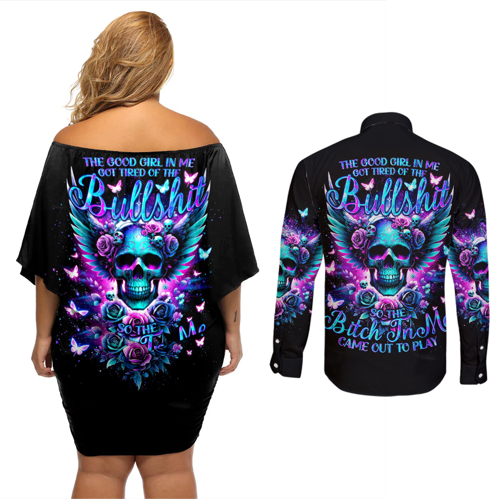 Skull Wings Couples Matching Off Shoulder Short Dress and Long Sleeve Button Shirt So The Bitch In Me Came Out To Play - Wonder Print Shop