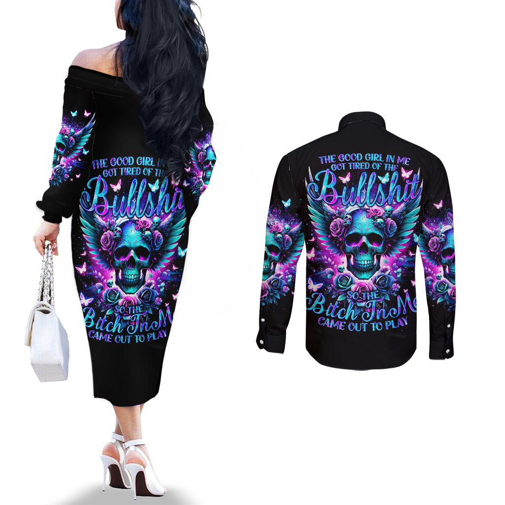 Skull Wings Couples Matching Off The Shoulder Long Sleeve Dress and Long Sleeve Button Shirt So The Bitch In Me Came Out To Play