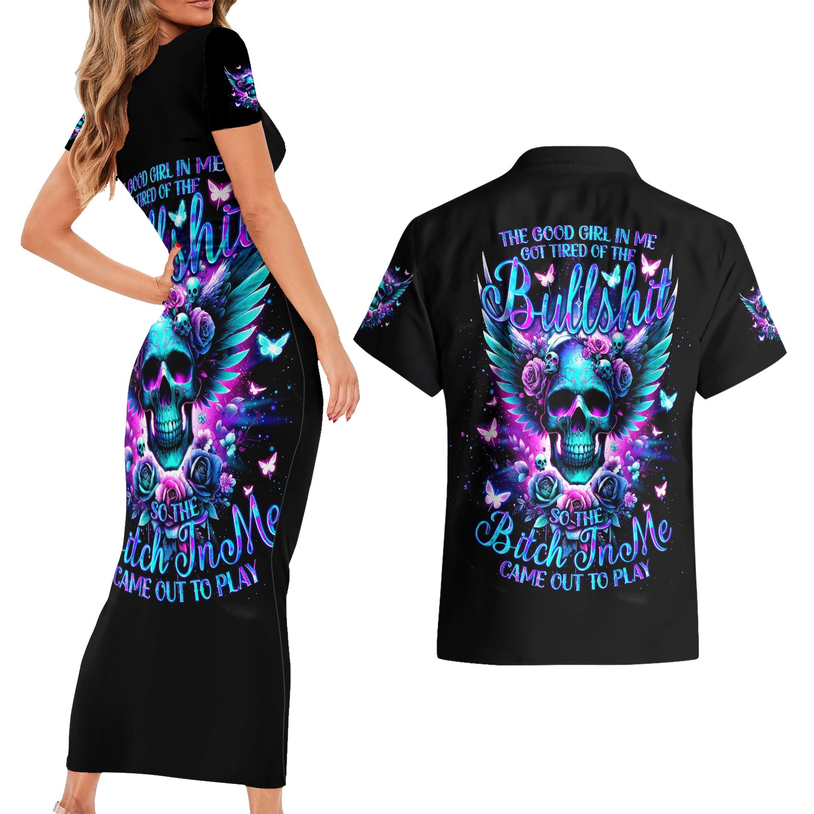 Skull Wings Couples Matching Short Sleeve Bodycon Dress and Hawaiian Shirt So The Bitch In Me Came Out To Play - Wonder Print Shop