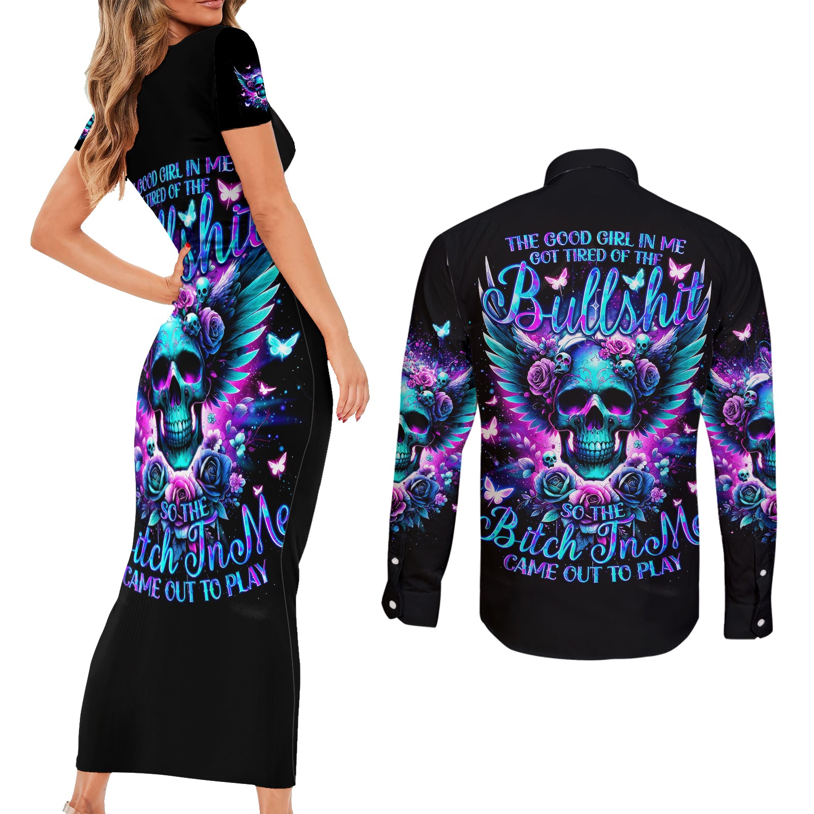 Skull Wings Couples Matching Short Sleeve Bodycon Dress and Long Sleeve Button Shirt So The Bitch In Me Came Out To Play - Wonder Print Shop