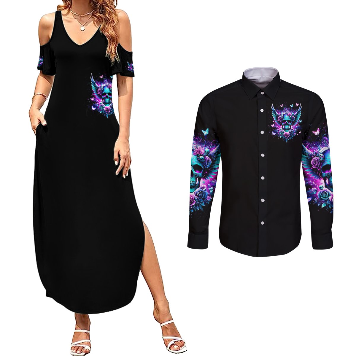 Skull Wings Couples Matching Summer Maxi Dress and Long Sleeve Button Shirt So The Bitch In Me Came Out To Play - Wonder Print Shop