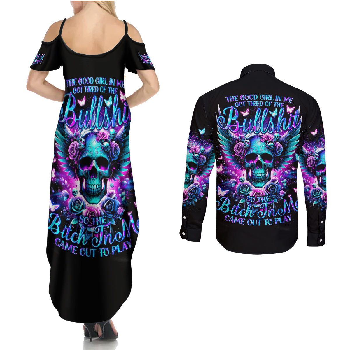 Skull Wings Couples Matching Summer Maxi Dress and Long Sleeve Button Shirt So The Bitch In Me Came Out To Play - Wonder Print Shop