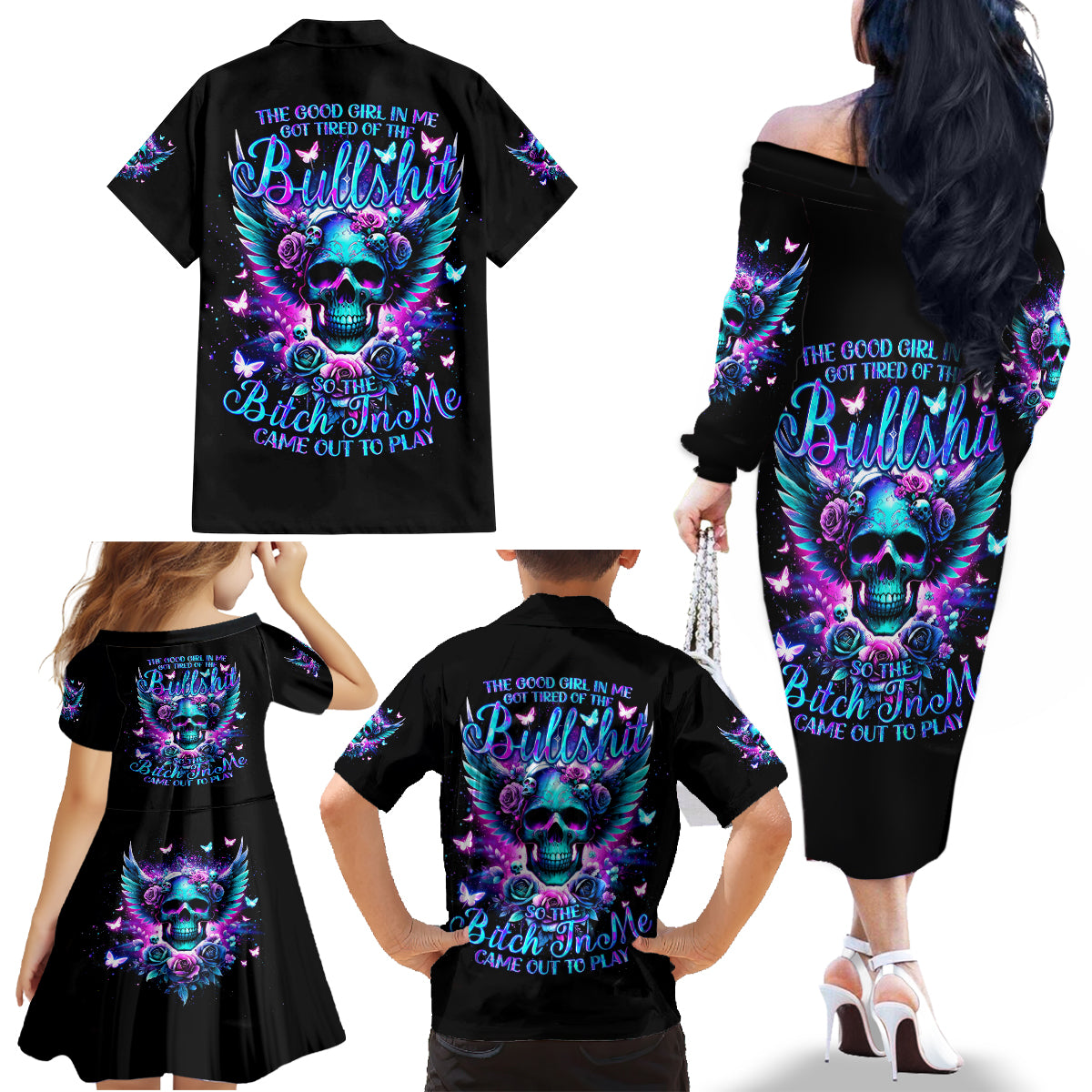 Skull Wings Family Matching Off Shoulder Long Sleeve Dress and Hawaiian Shirt So The Bitch In Me Came Out To Play - Wonder Print Shop