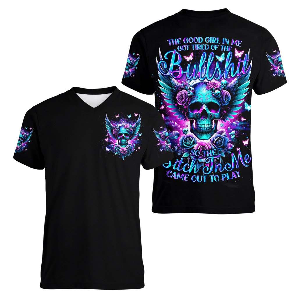 Skull Wings Women V Neck T Shirt So The Bitch In Me Came Out To Play - Wonder Print Shop