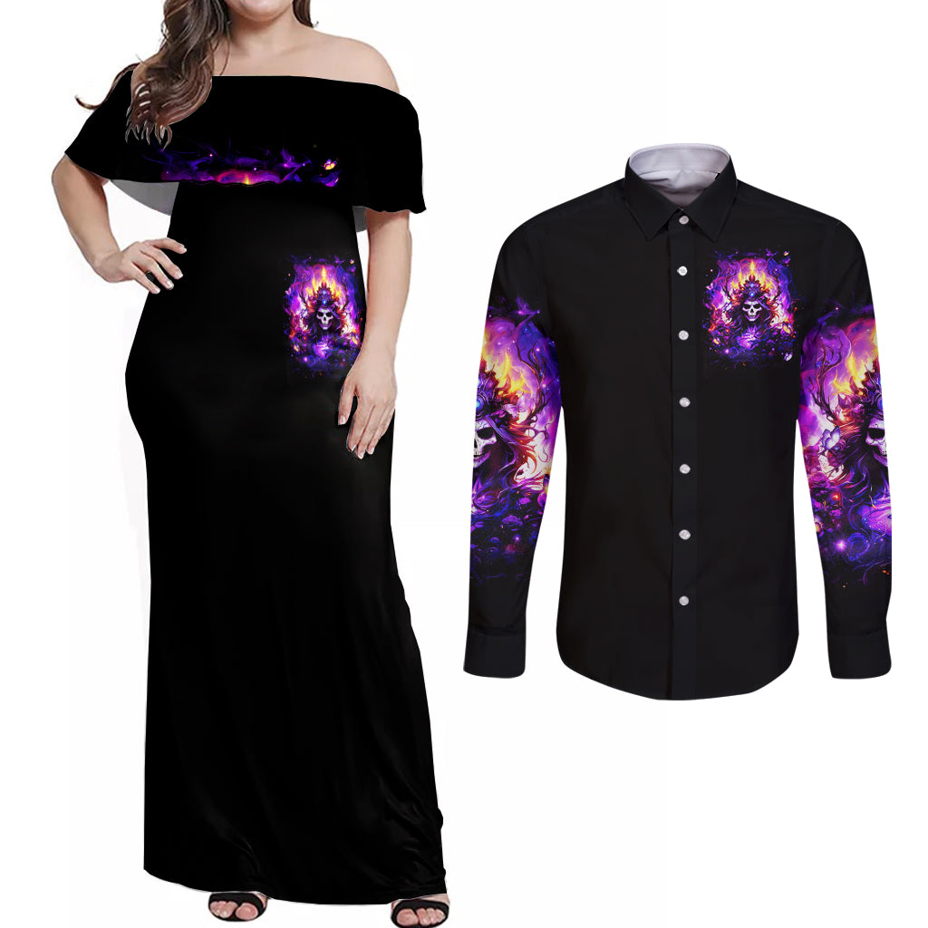 Queen Skull Couples Matching Off Shoulder Maxi Dress and Long Sleeve Button Shirt Sometimes An Angel Somethimes Hellraiser Always A Strong Woman - Wonder Print Shop