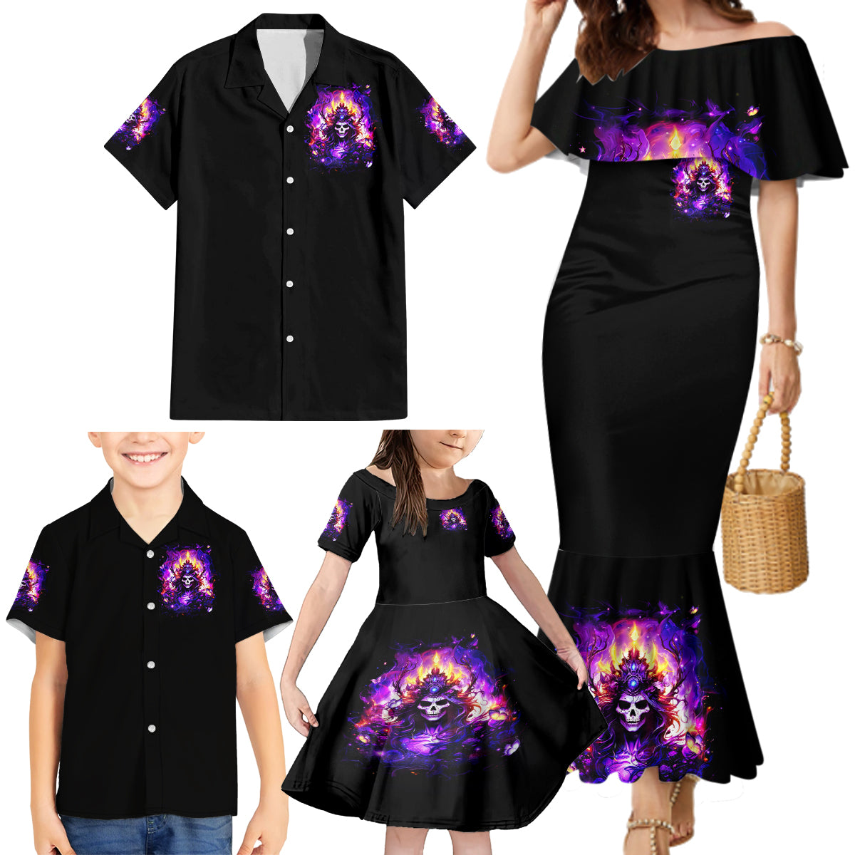 Queen Skull Family Matching Mermaid Dress and Hawaiian Shirt Sometimes An Angel Somethimes Hellraiser Always A Strong Woman - Wonder Print Shop