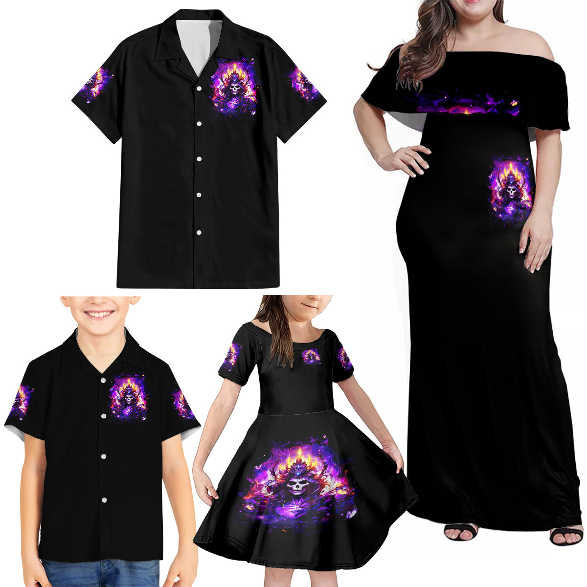 Queen Skull Family Matching Off Shoulder Maxi Dress and Hawaiian Shirt Sometimes An Angel Somethimes Hellraiser Always A Strong Woman - Wonder Print Shop