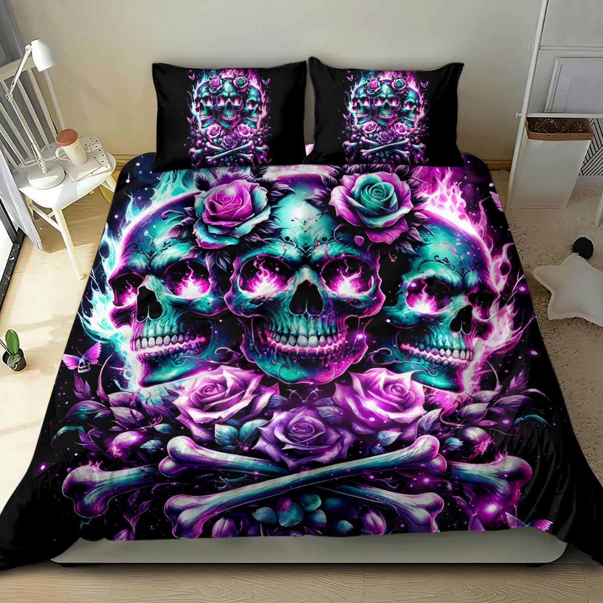 Rose Skull Bedding Set Stuck Between IDK IDC And IDGAF - Wonder Print Shop