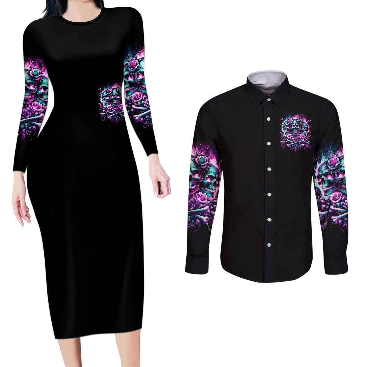 Rose Skull Couples Matching Long Sleeve Bodycon Dress and Long Sleeve Button Shirt Stuck Between IDK IDC And IDGAF - Wonder Print Shop