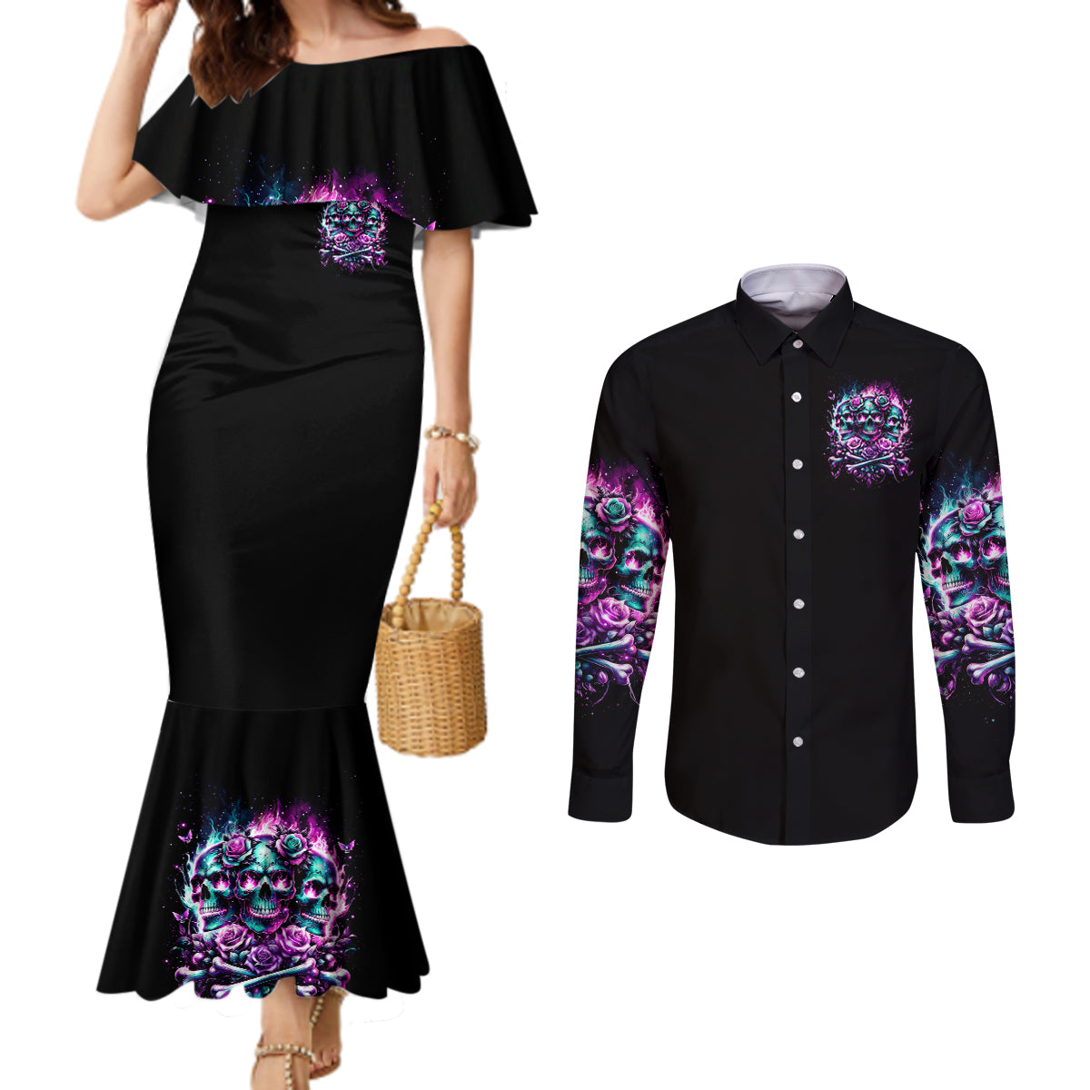 Rose Skull Couples Matching Mermaid Dress and Long Sleeve Button Shirt Stuck Between IDK IDC And IDGAF