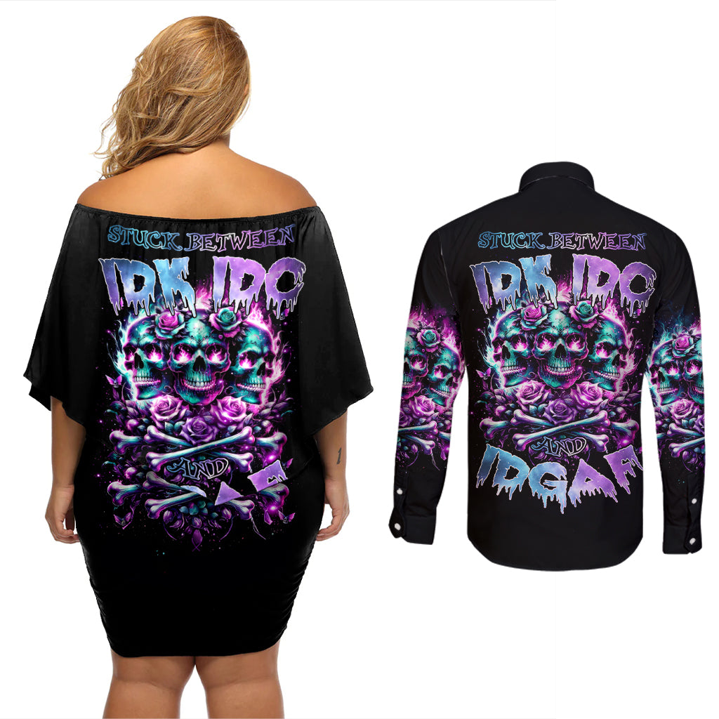 Rose Skull Couples Matching Off Shoulder Short Dress and Long Sleeve Button Shirt Stuck Between IDK IDC And IDGAF - Wonder Print Shop