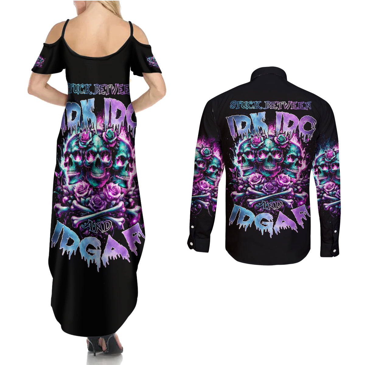 Rose Skull Couples Matching Summer Maxi Dress and Long Sleeve Button Shirt Stuck Between IDK IDC And IDGAF - Wonder Print Shop