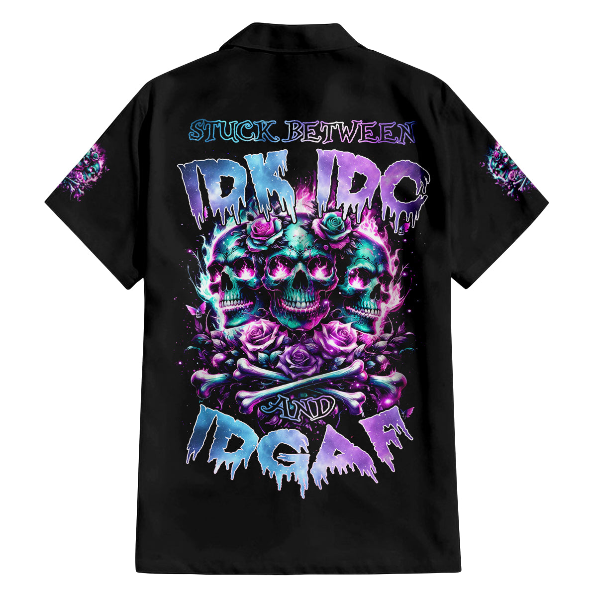 Rose Skull Family Matching Long Sleeve Bodycon Dress and Hawaiian Shirt Stuck Between IDK IDC And IDGAF - Wonder Print Shop