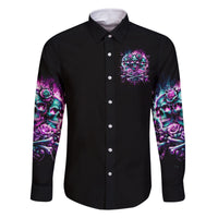 Rose Skull Family Matching Long Sleeve Bodycon Dress and Hawaiian Shirt Stuck Between IDK IDC And IDGAF - Wonder Print Shop