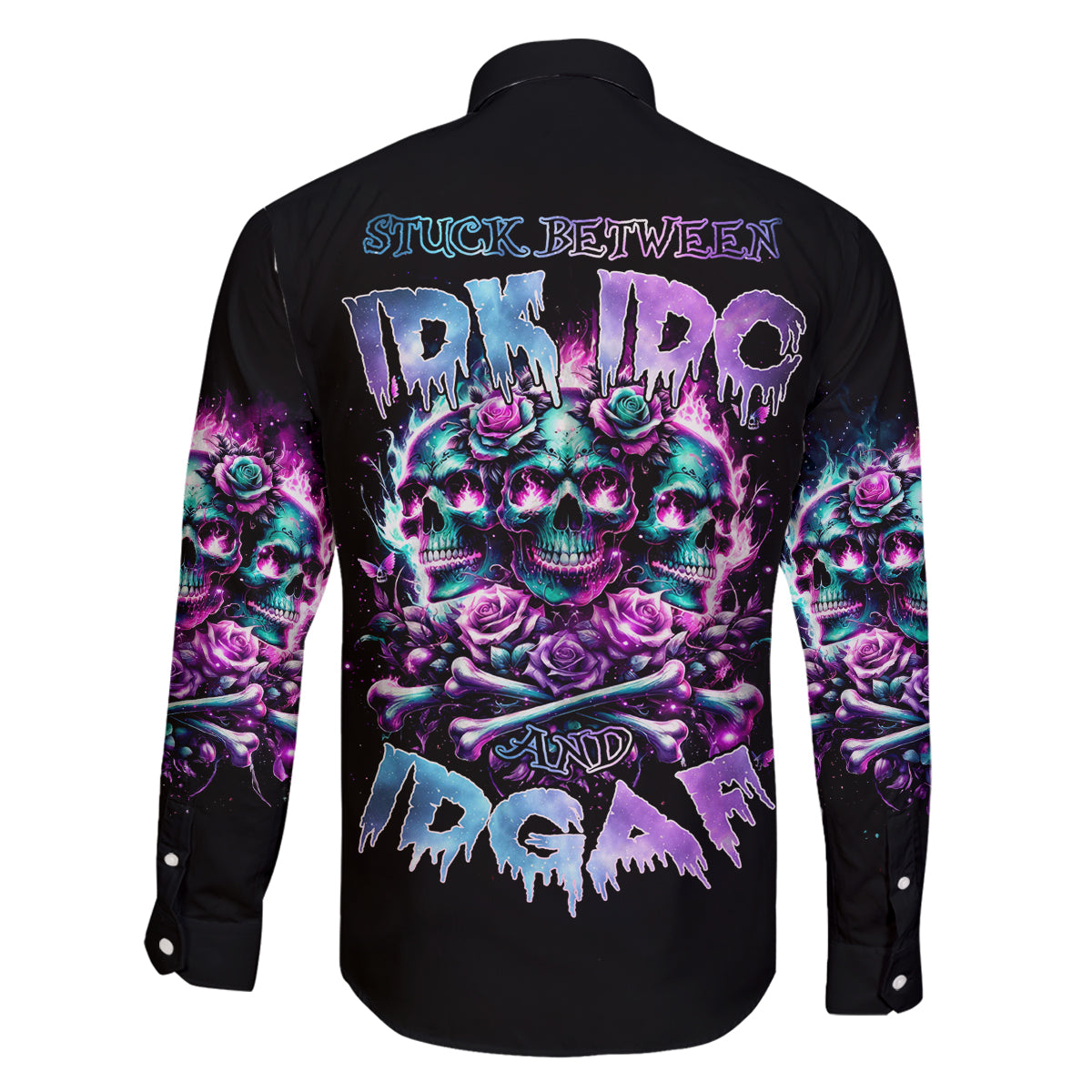 Rose Skull Family Matching Long Sleeve Bodycon Dress and Hawaiian Shirt Stuck Between IDK IDC And IDGAF - Wonder Print Shop