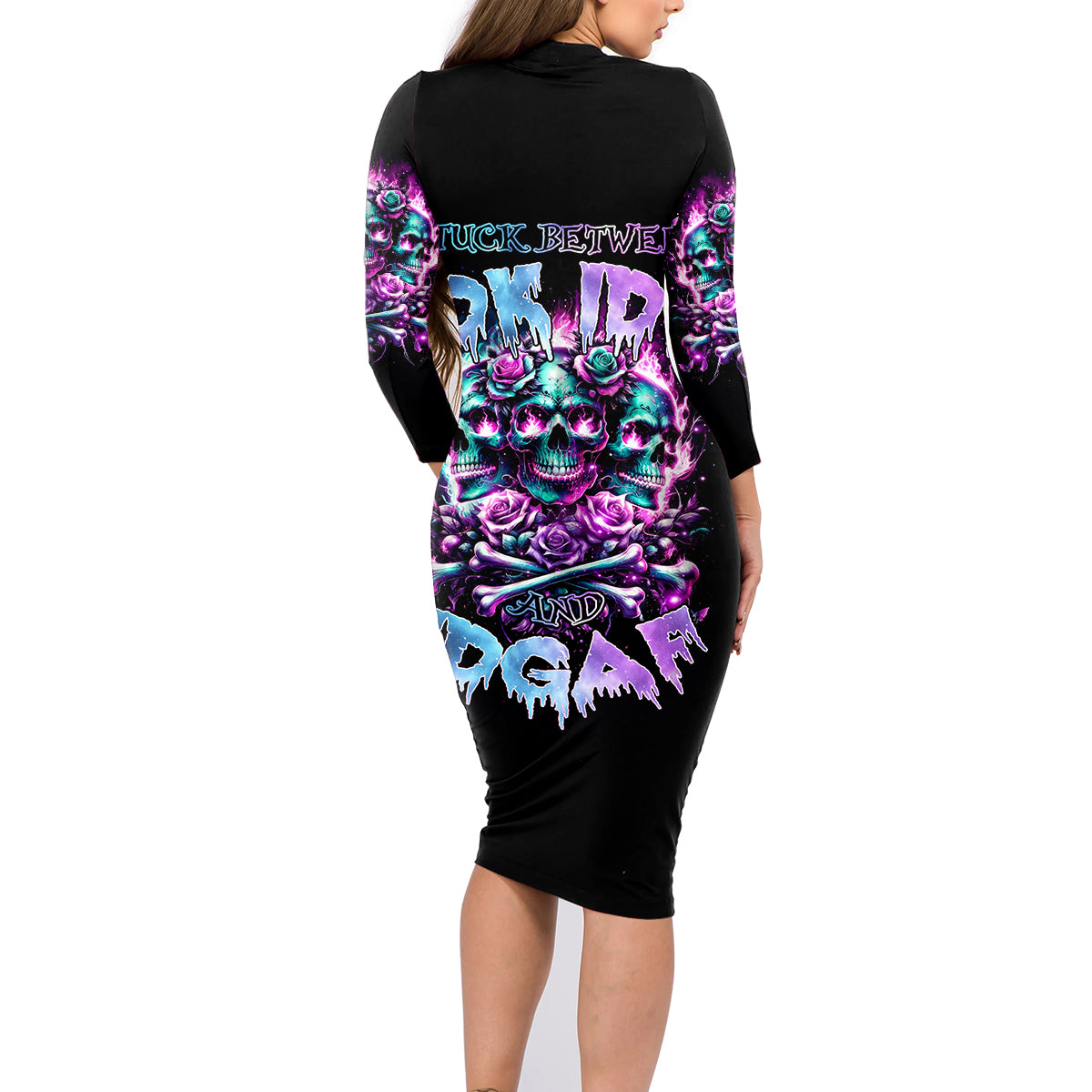 Rose Skull Family Matching Long Sleeve Bodycon Dress and Hawaiian Shirt Stuck Between IDK IDC And IDGAF - Wonder Print Shop