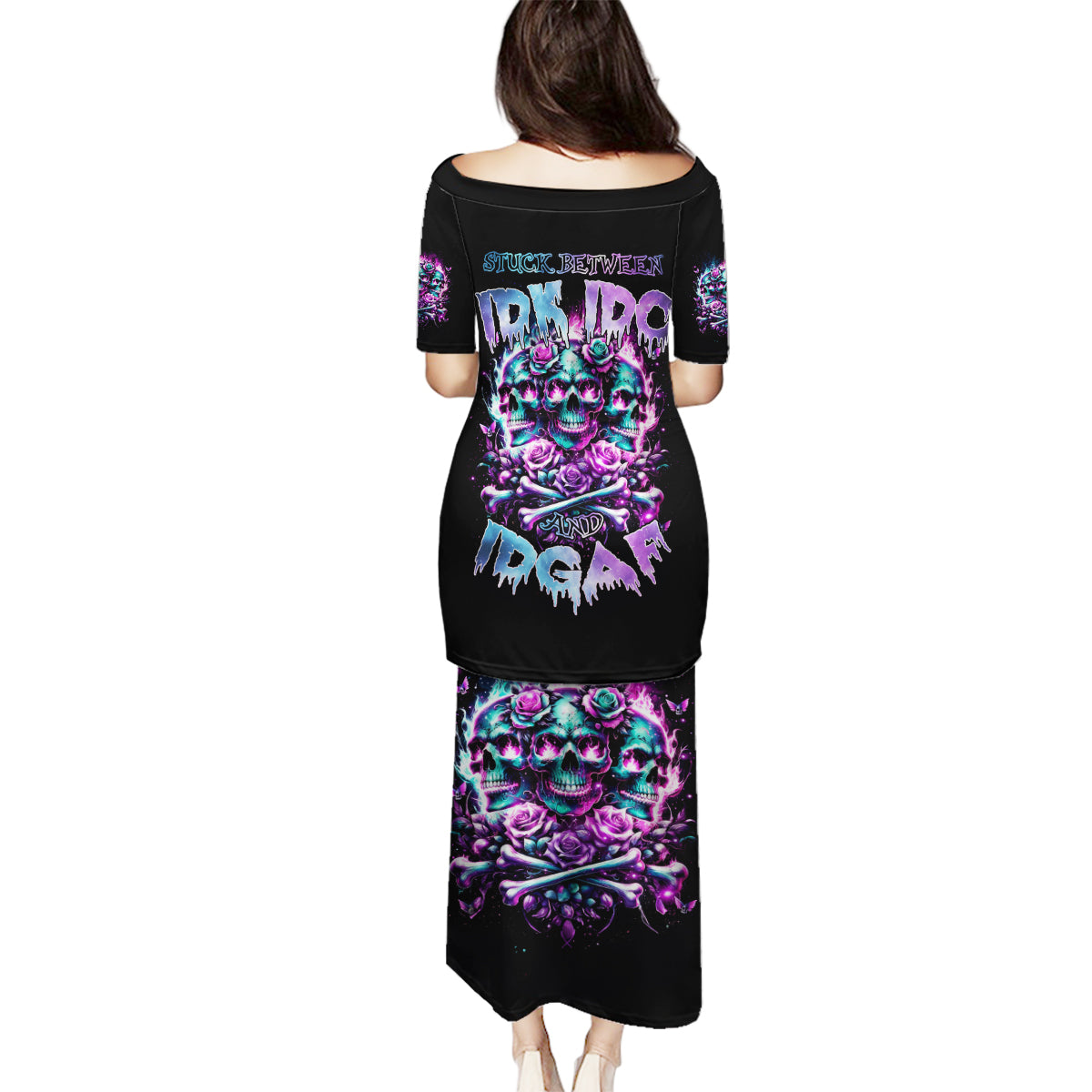 Rose Skull Family Matching Puletasi and Hawaiian Shirt Stuck Between IDK IDC And IDGAF - Wonder Print Shop