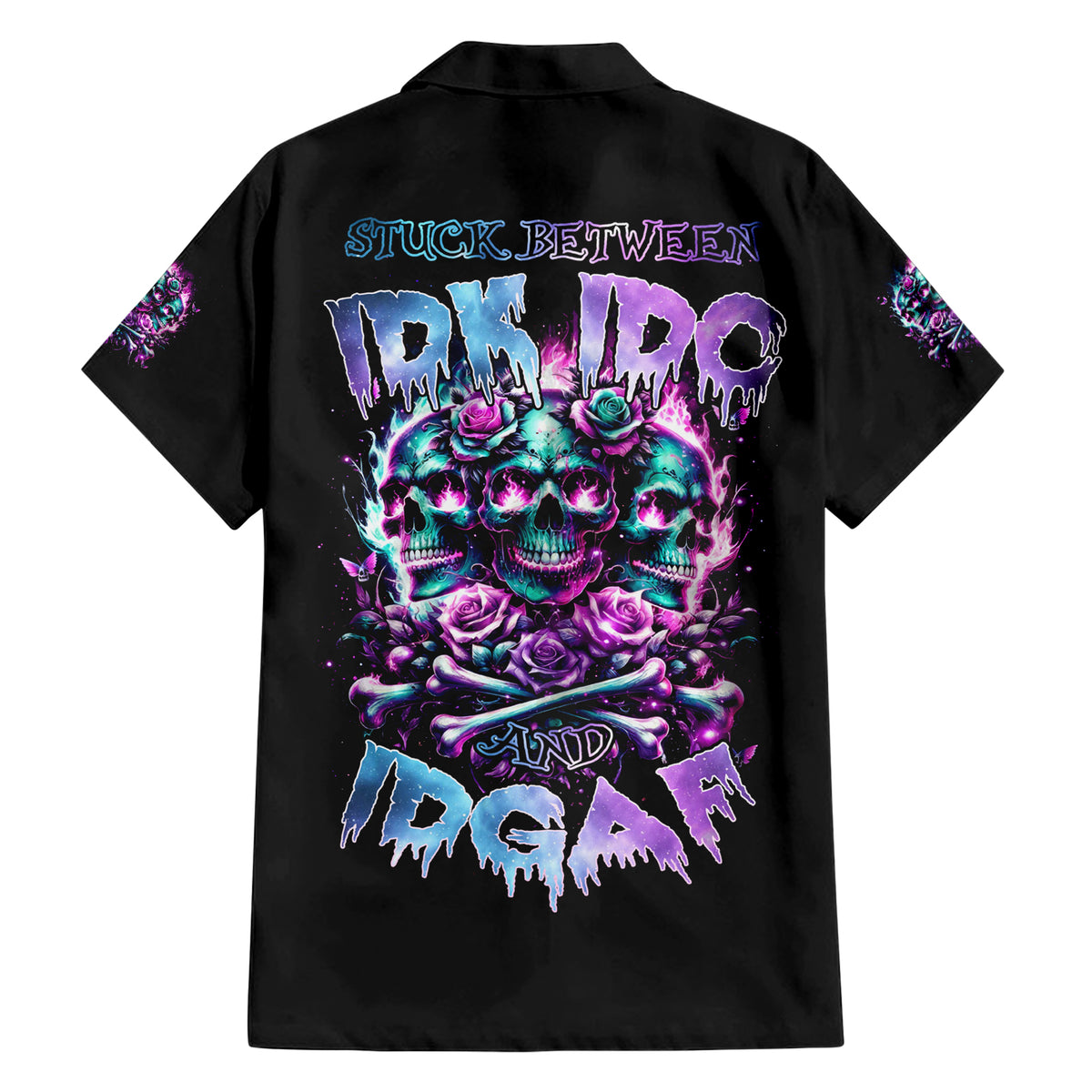 Rose Skull Family Matching Short Sleeve Bodycon Dress and Hawaiian Shirt Stuck Between IDK IDC And IDGAF - Wonder Print Shop