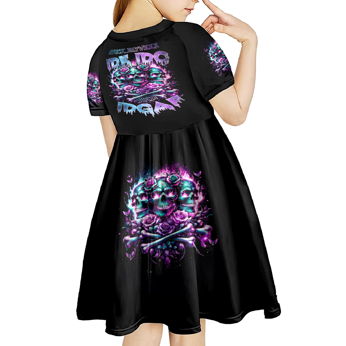 Rose Skull Kid Short Sleeve Dress Stuck Between IDK IDC And IDGAF - Wonder Print Shop