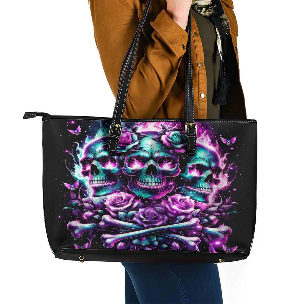 Rose Skull Leather Tote Bag Stuck Between IDK IDC And IDGAF - Wonder Print Shop