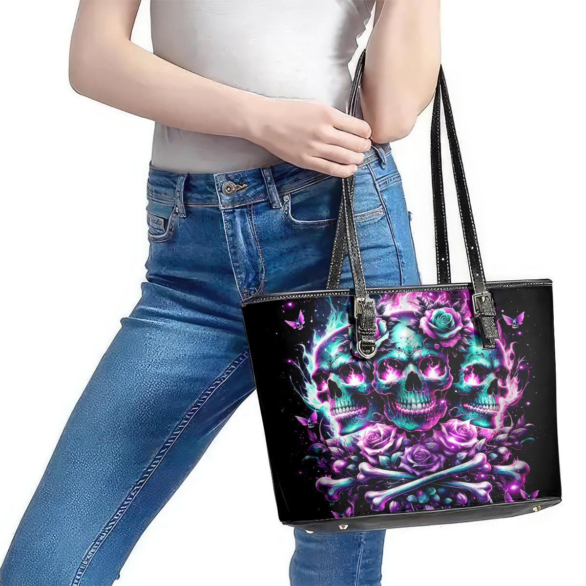 Rose Skull Leather Tote Bag Stuck Between IDK IDC And IDGAF - Wonder Print Shop