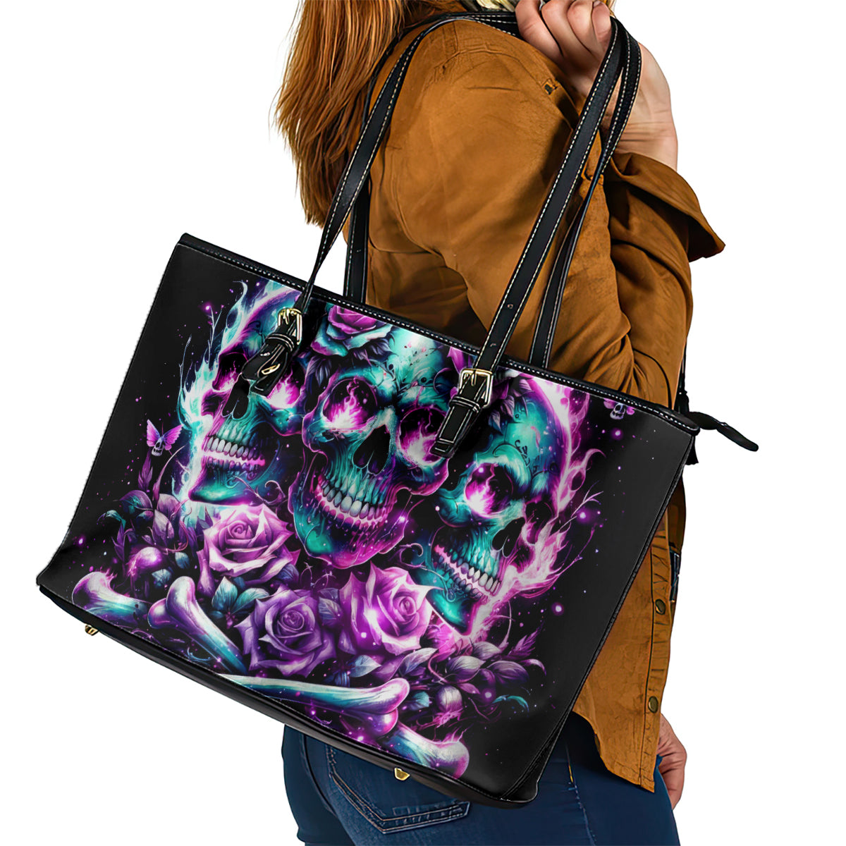 Rose Skull Leather Tote Bag Stuck Between IDK IDC And IDGAF - Wonder Print Shop