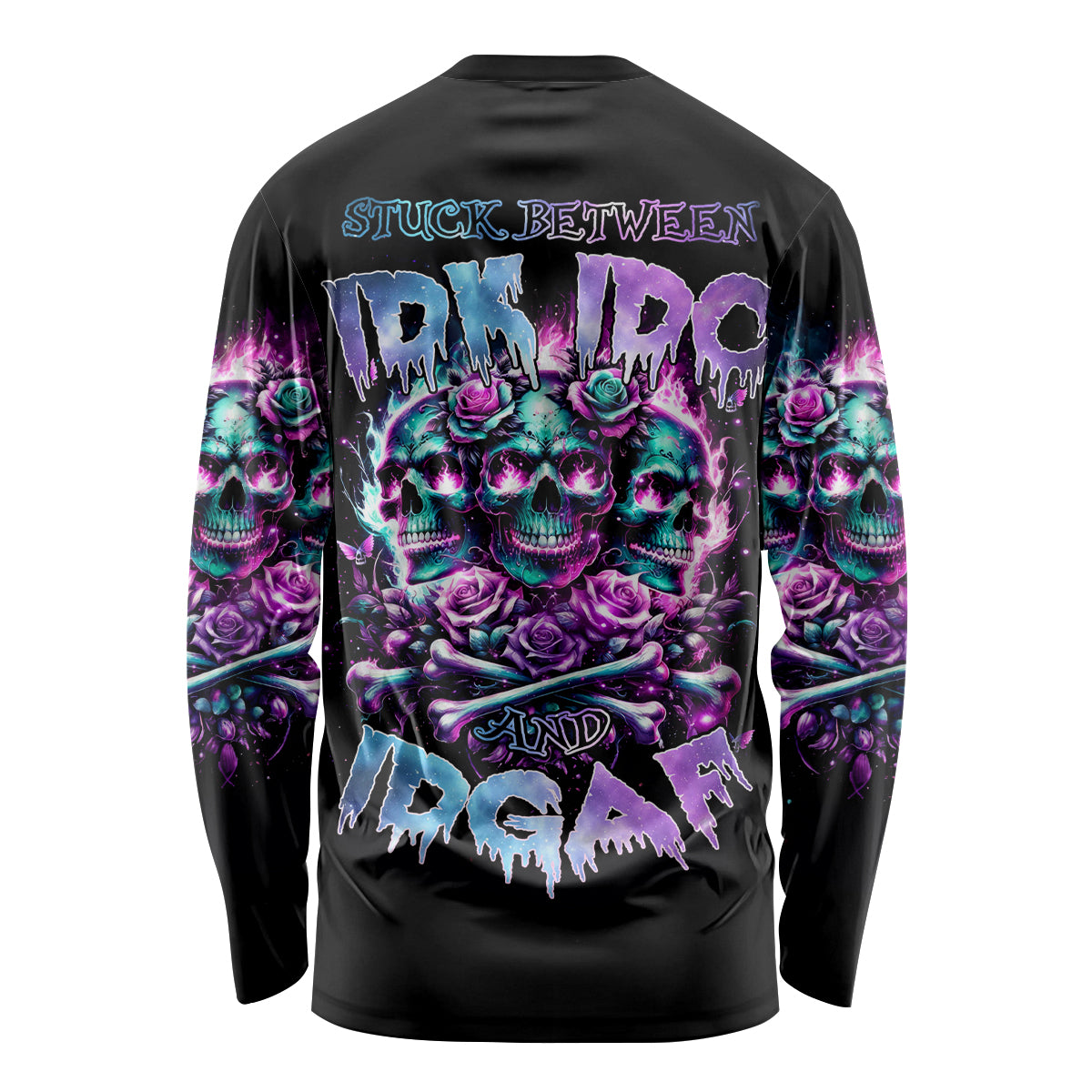Rose Skull Long Sleeve Shirt Stuck Between IDK IDC And IDGAF - Wonder Print Shop