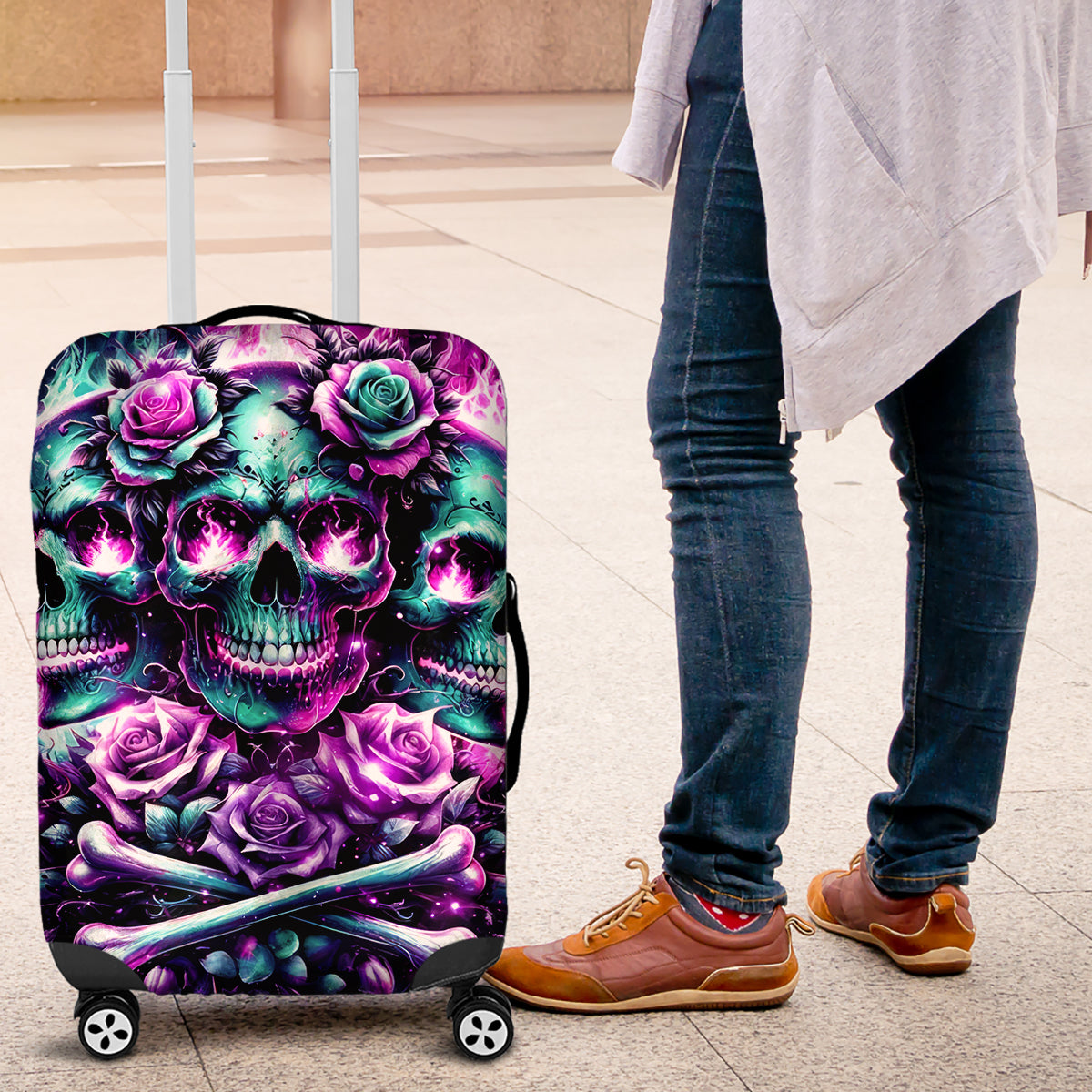 Rose Skull Luggage Cover Stuck Between IDK IDC And IDGAF - Wonder Print Shop