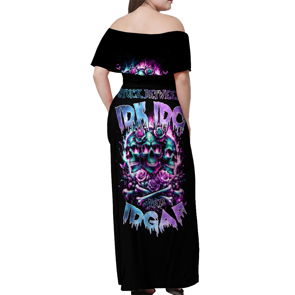Rose Skull Off Shoulder Maxi Dress Stuck Between IDK IDC And IDGAF - Wonder Print Shop