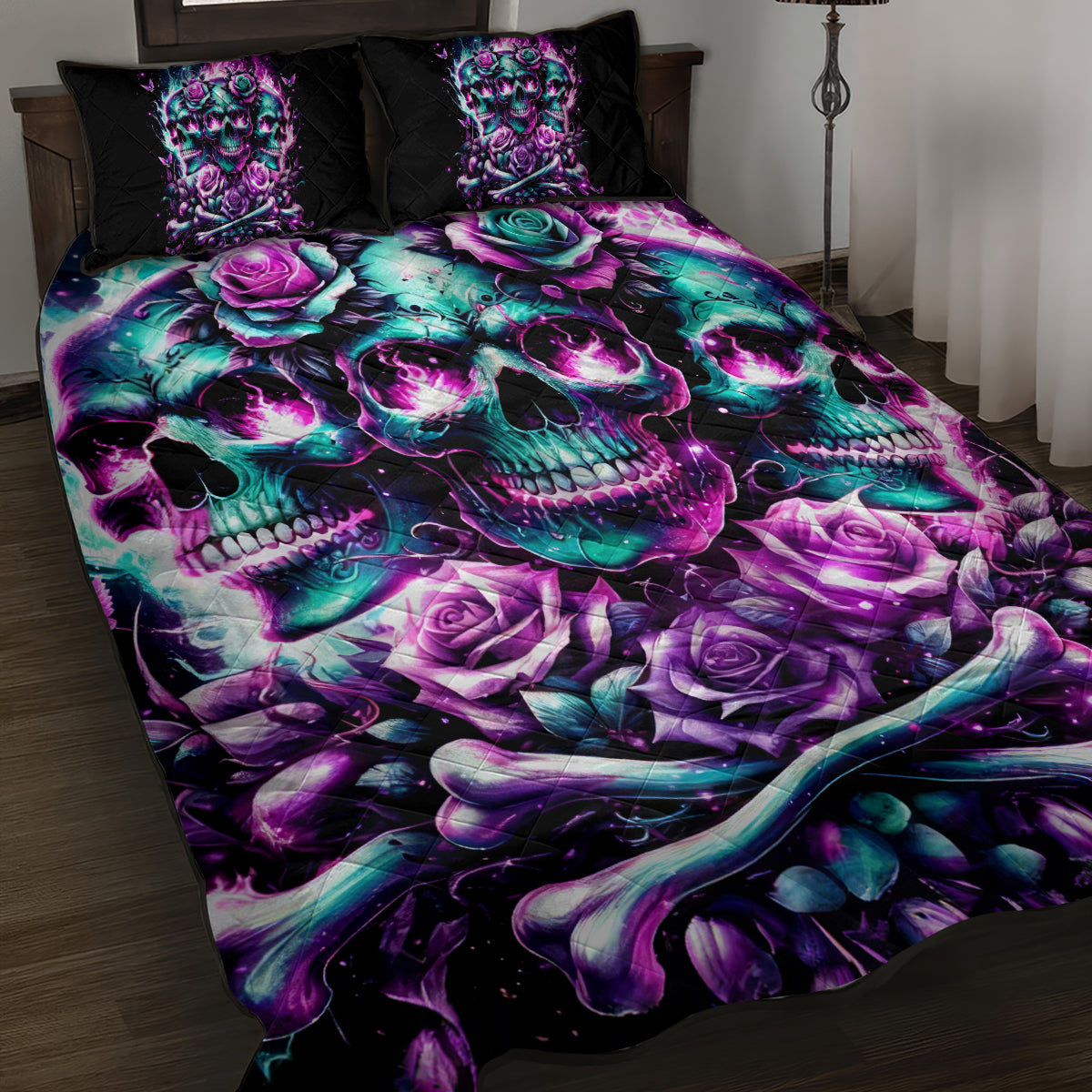 Rose Skull Quilt Bed Set Stuck Between IDK IDC And IDGAF - Wonder Print Shop