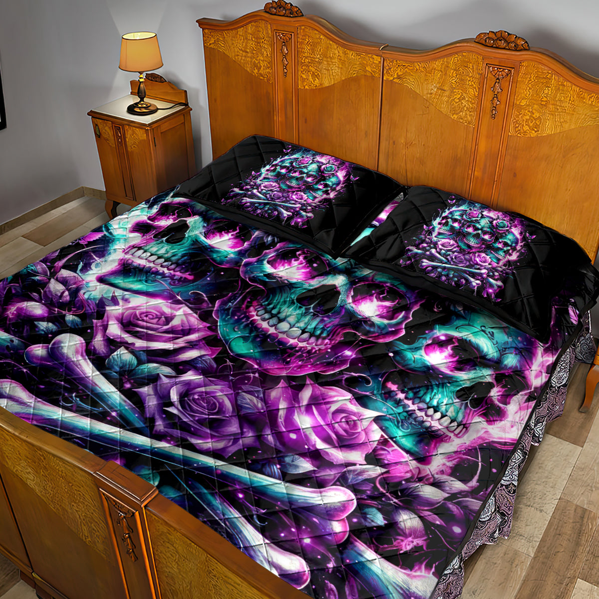 Rose Skull Quilt Bed Set Stuck Between IDK IDC And IDGAF - Wonder Print Shop