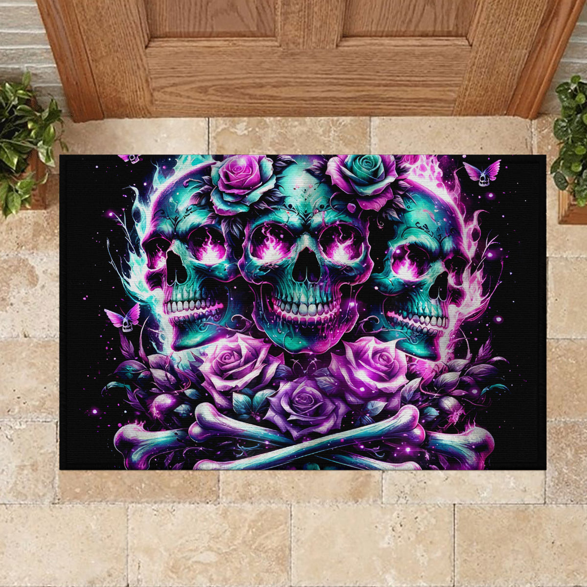 Rose Skull Rubber Doormat Stuck Between IDK IDC And IDGAF - Wonder Print Shop