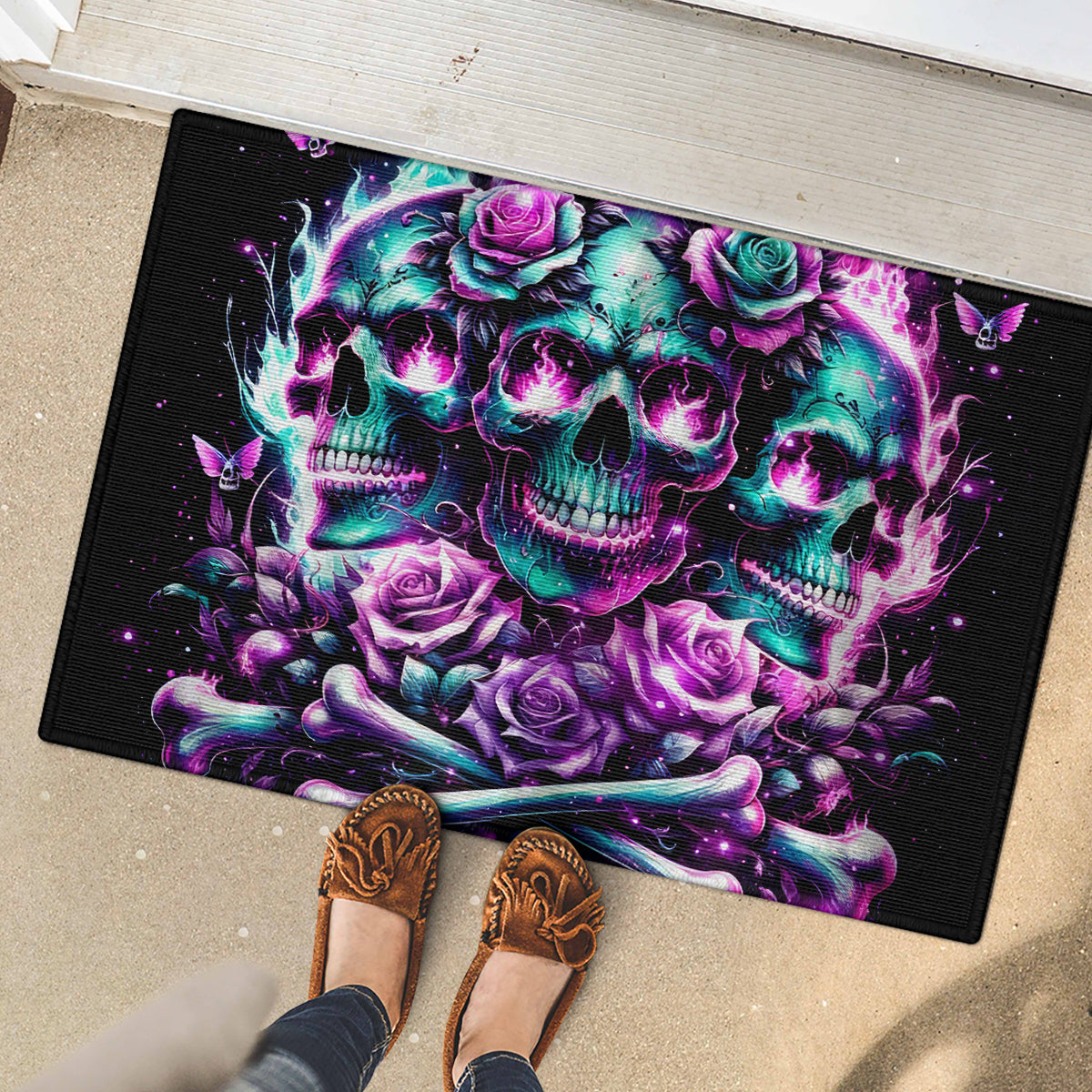 Rose Skull Rubber Doormat Stuck Between IDK IDC And IDGAF - Wonder Print Shop