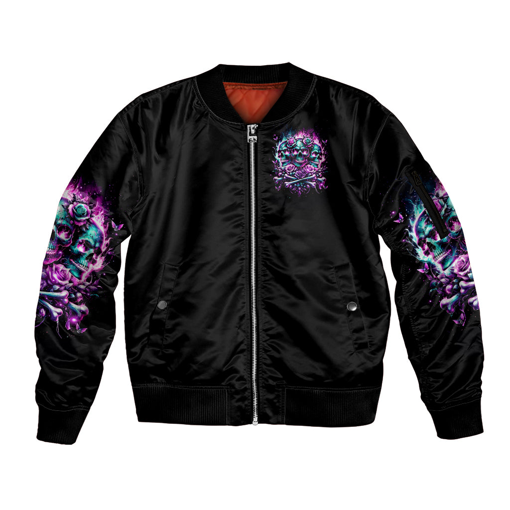 Rose Skull Sleeve Zip Bomber Jacket Stuck Between IDK IDC And IDGAF - Wonder Print Shop