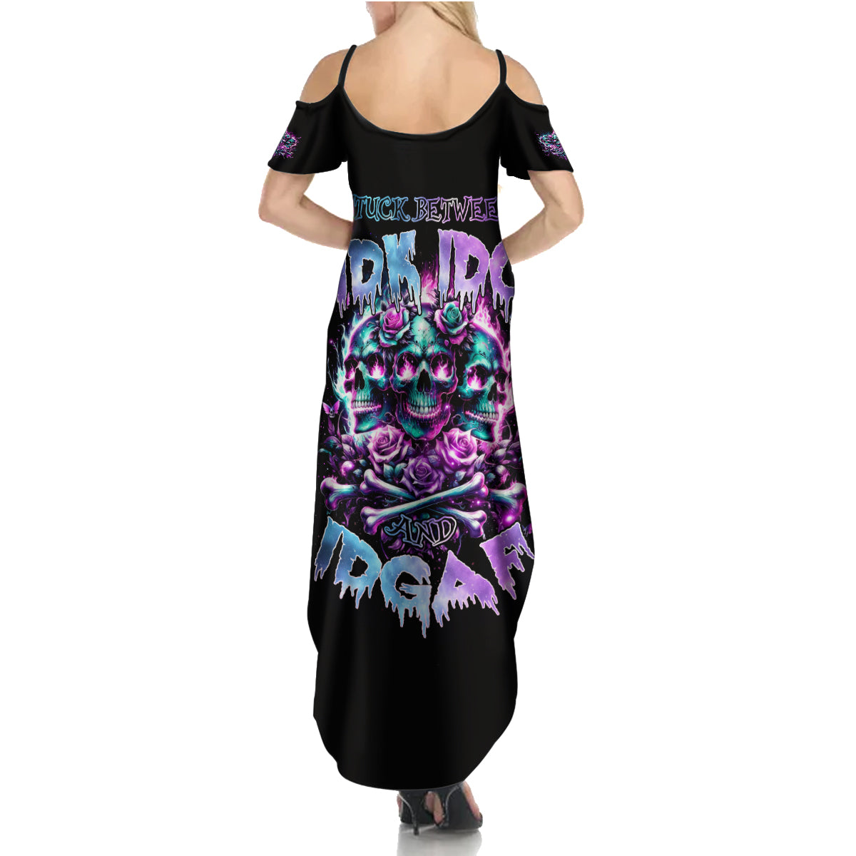Rose Skull Summer Maxi Dress Stuck Between IDK IDC And IDGAF - Wonder Print Shop