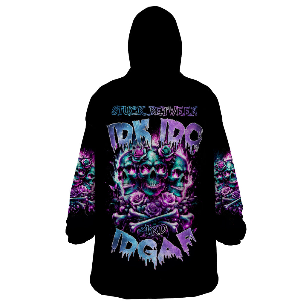 Rose Skull Wearable Blanket Hoodie Stuck Between IDK IDC And IDGAF - Wonder Print Shop